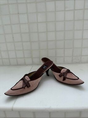 Nando Muzi Pink Suede Pointed Mules with Brown Trim and Bow, 35